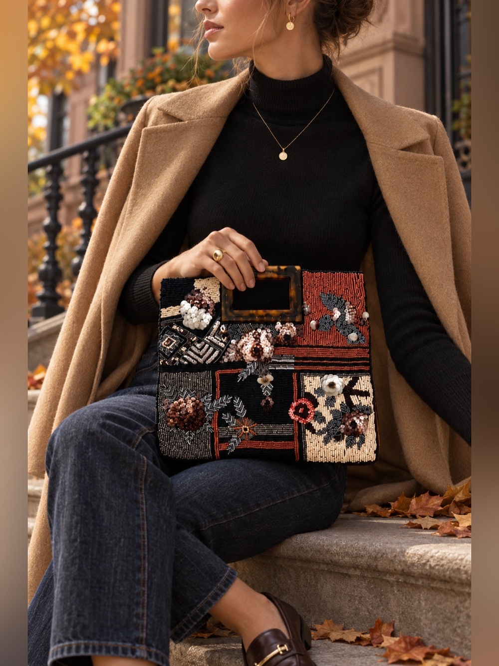 Anthropologie Black & Rust Beaded Floral Patchwork Clutch - Picture 1 of 12